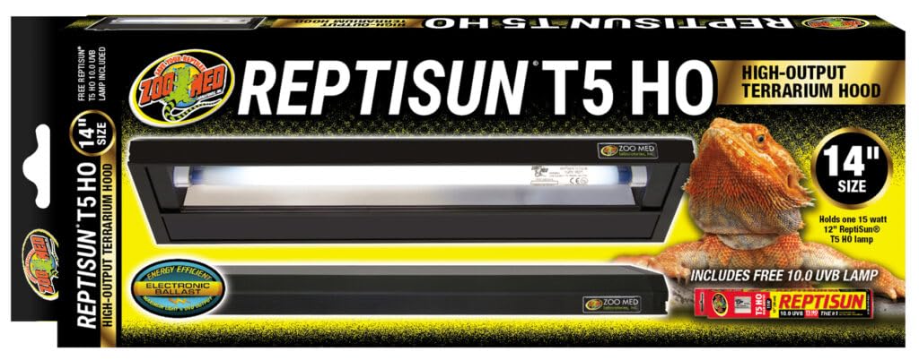 Zoo Med ReptiSun T5 HO vue avant montrant le capot et l’ampoule 10.0 pour UVB optimal