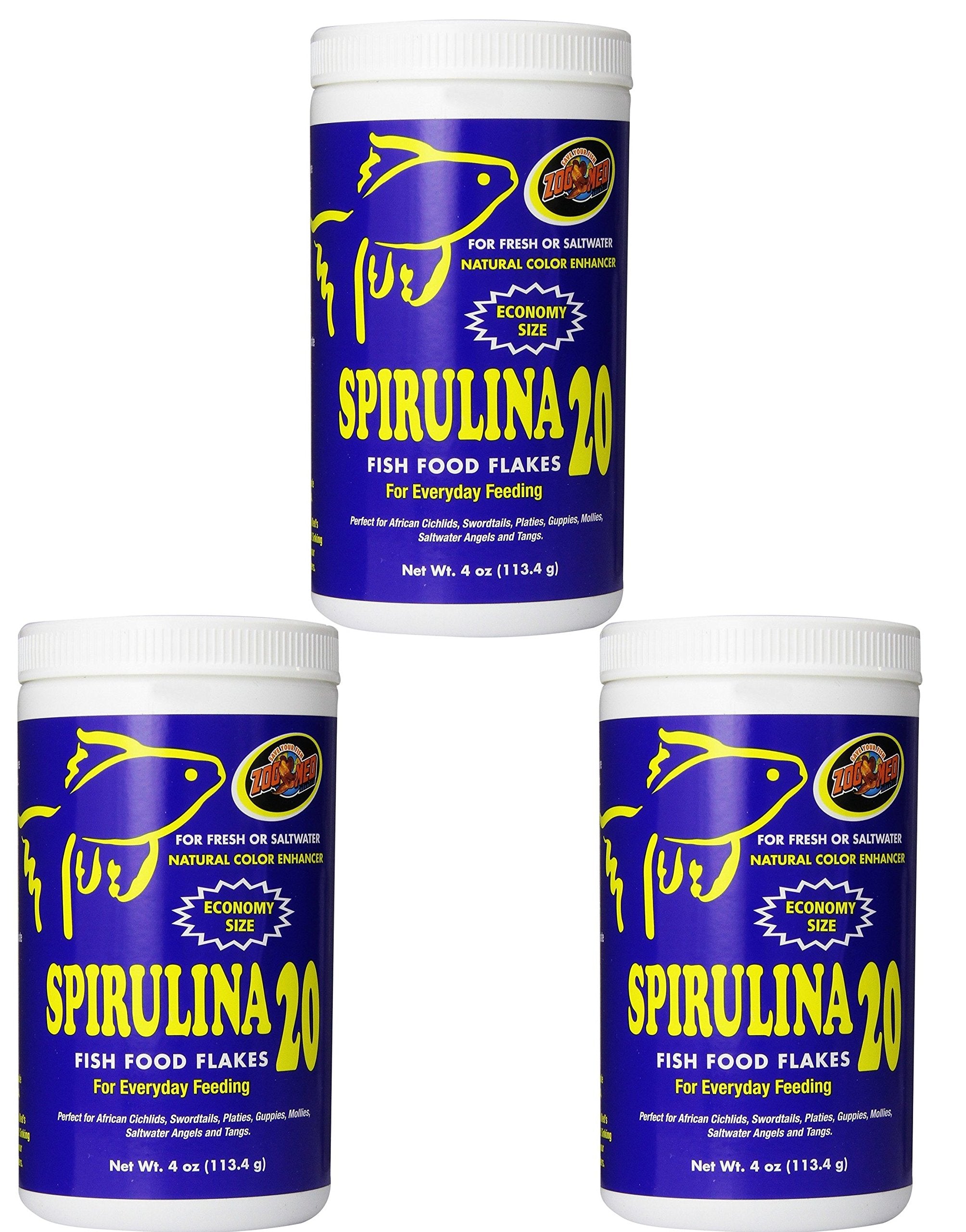 Zoo Med emballage avant Spirulina 20 montrant l'étiquette et l'avantage colorant naturel