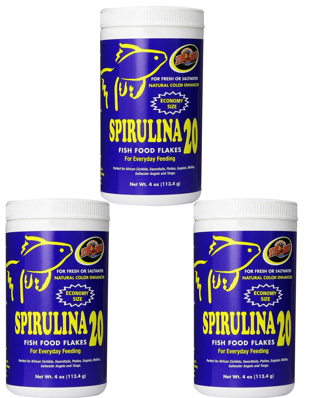 Zoo Med emballage avant Spirulina 20 montrant l'étiquette et l'avantage colorant naturel
