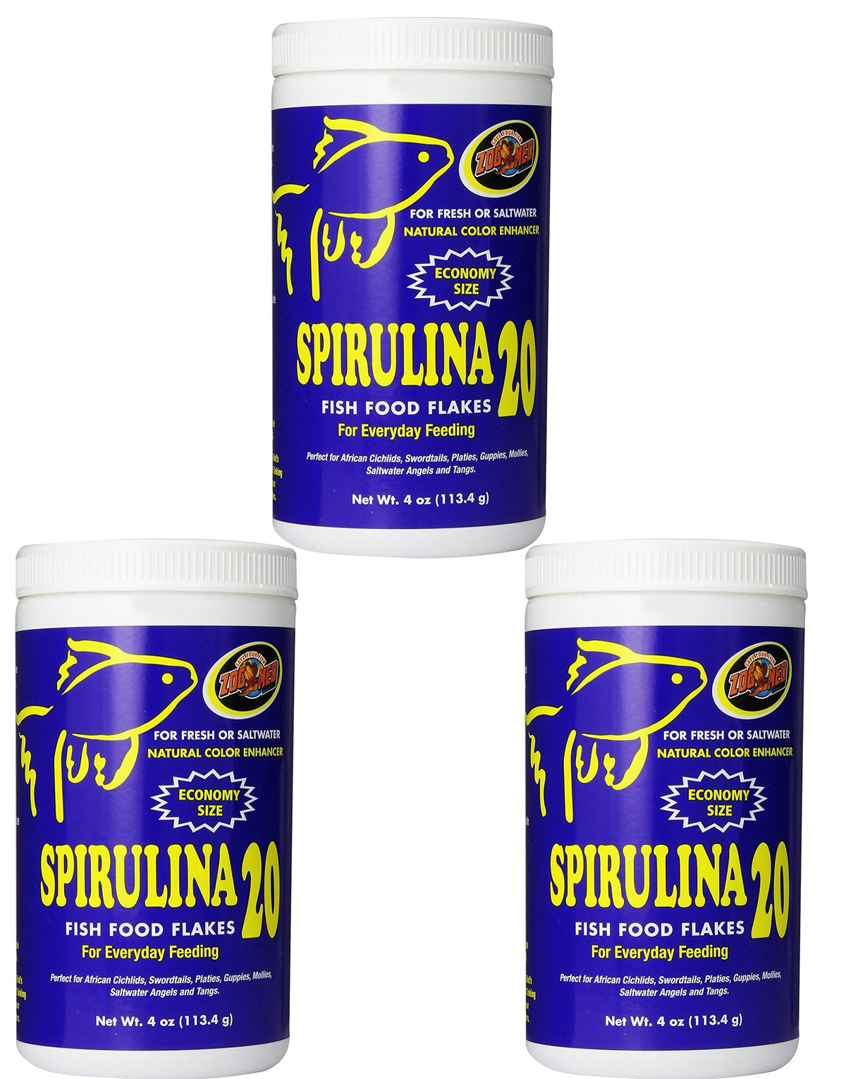 Zoo Med emballage avant Spirulina 20 montrant l'étiquette et l'avantage colorant naturel
