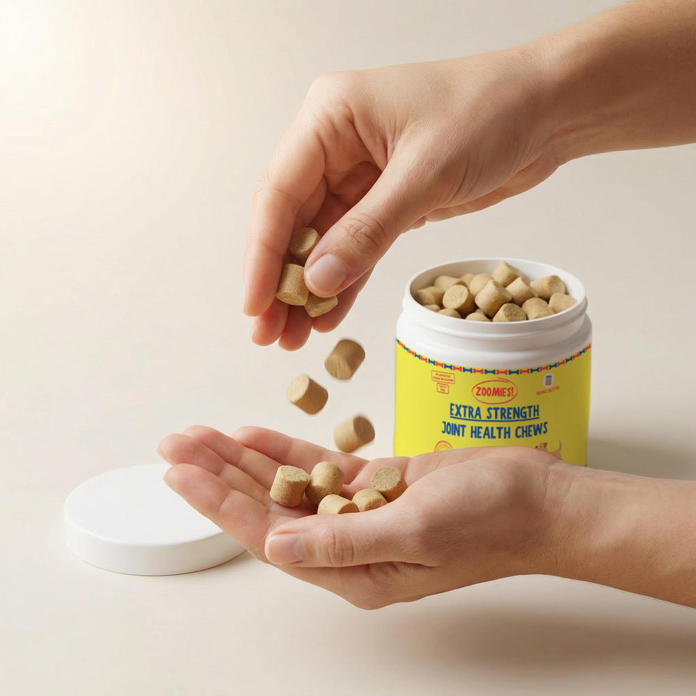Zoomies chew tenu entre doigts illustrant facilité à donner et acceptation