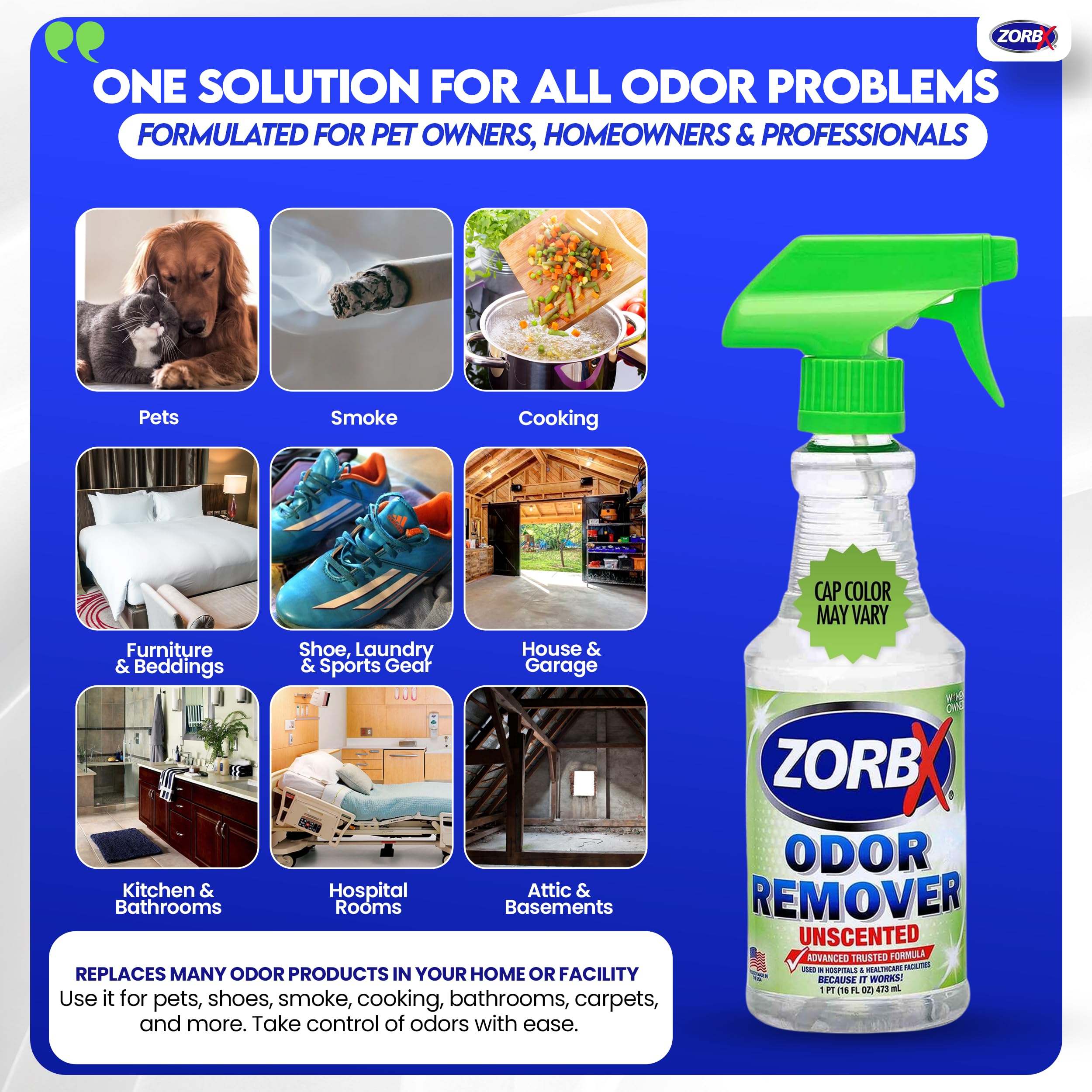ZORBX spray appliqué sur canapé, élimine odeurs d'animaux