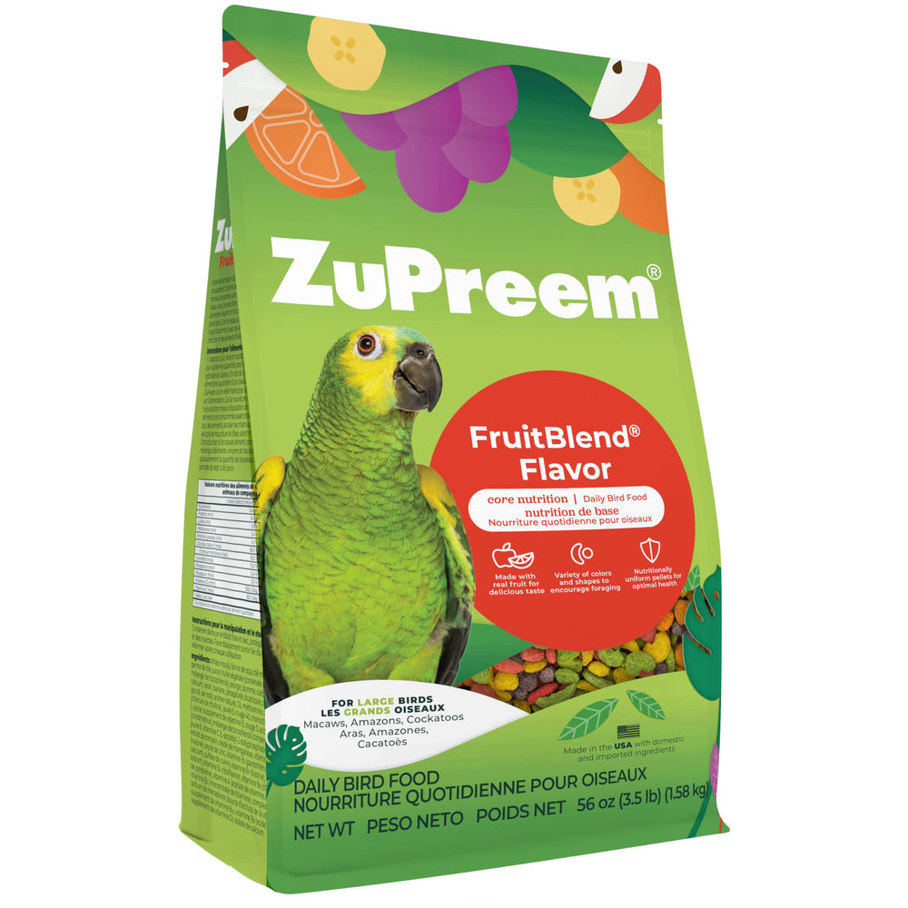 ZuPreem emballage face FruitBlend pour grandes perruches montrant le sac et bénéfice nutritionnel
