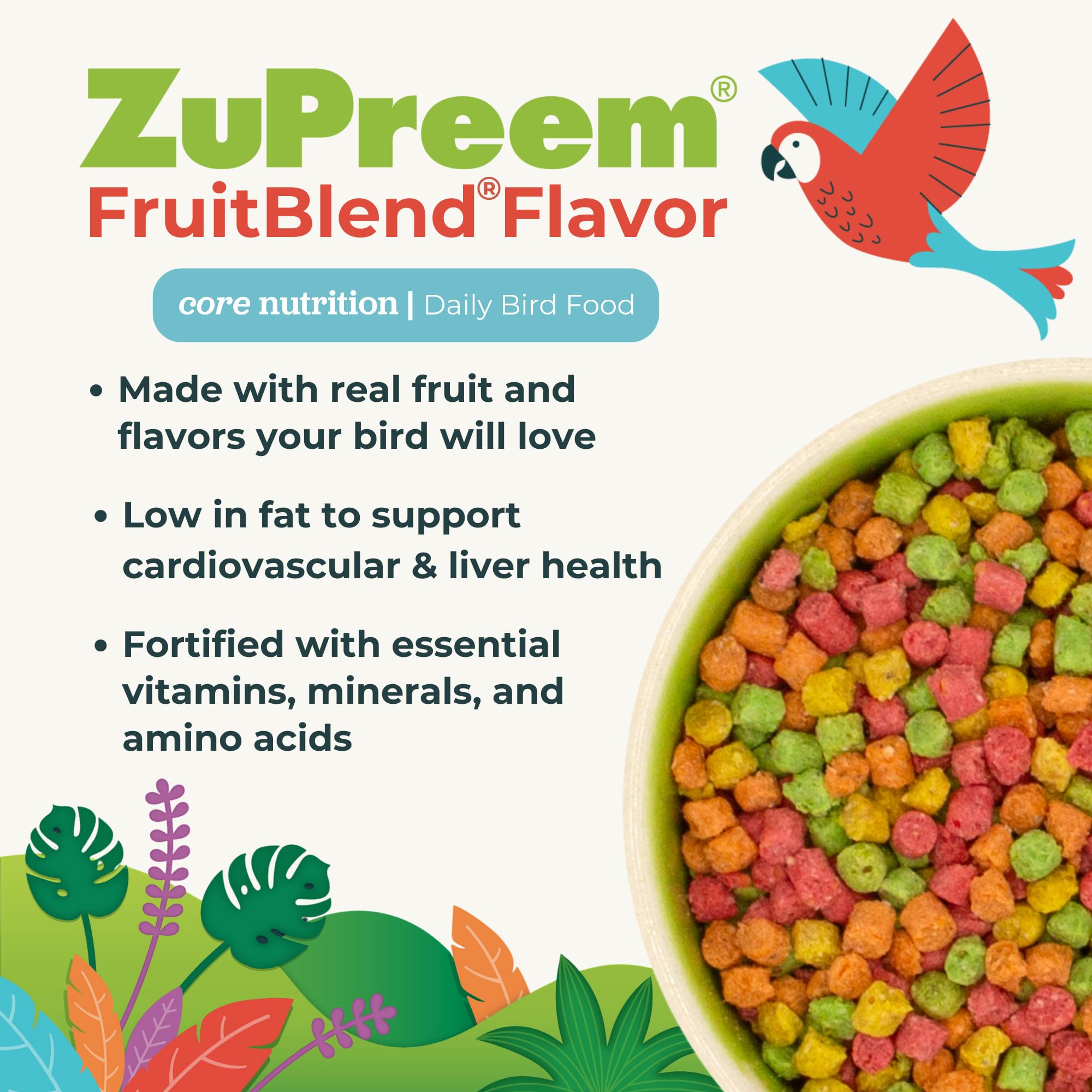 ZuPreem gros plan sur granulés fruités et texture attrayante pour appétit