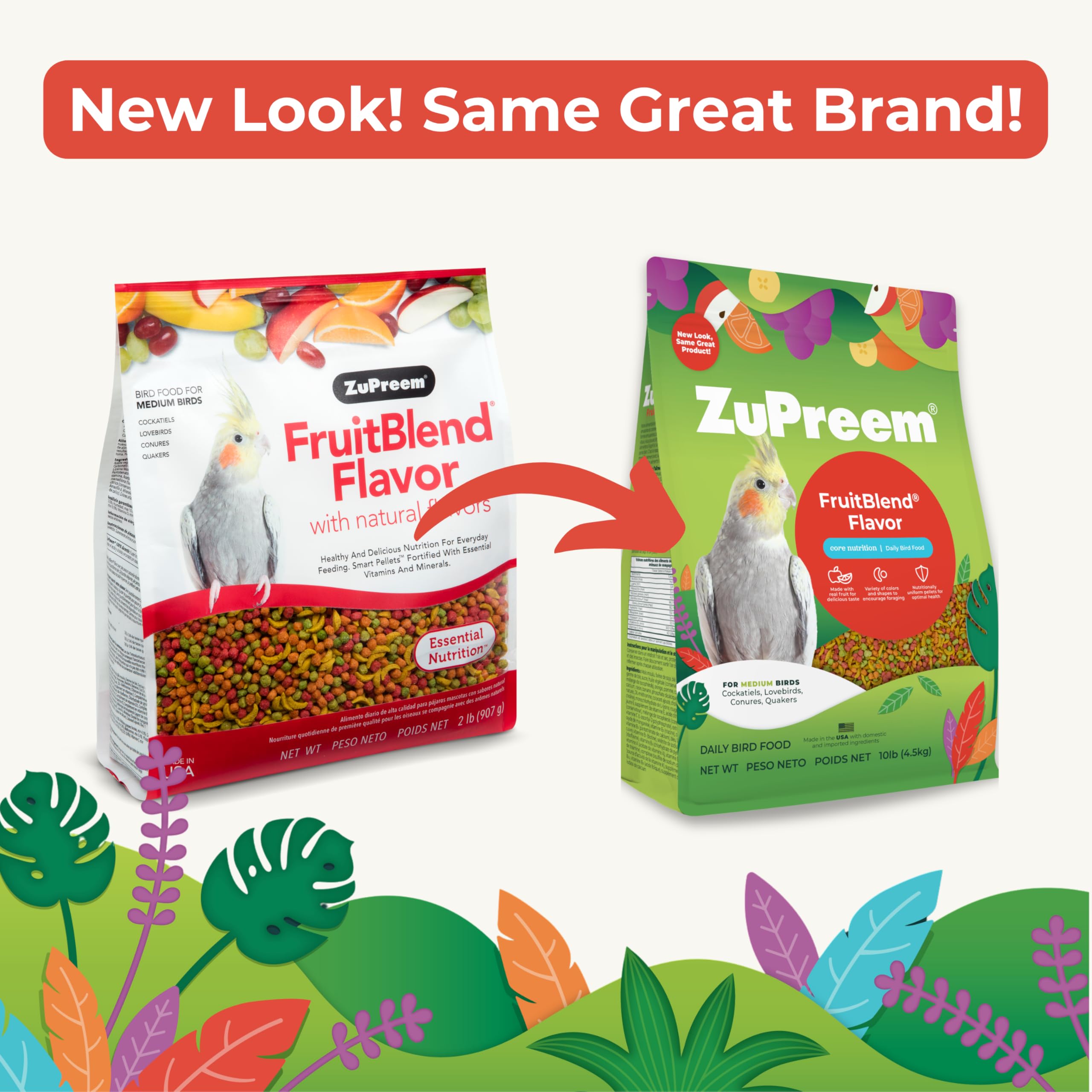 ZuPreem gros plan sur granulés colorés, montre texture appétente et nutrition
