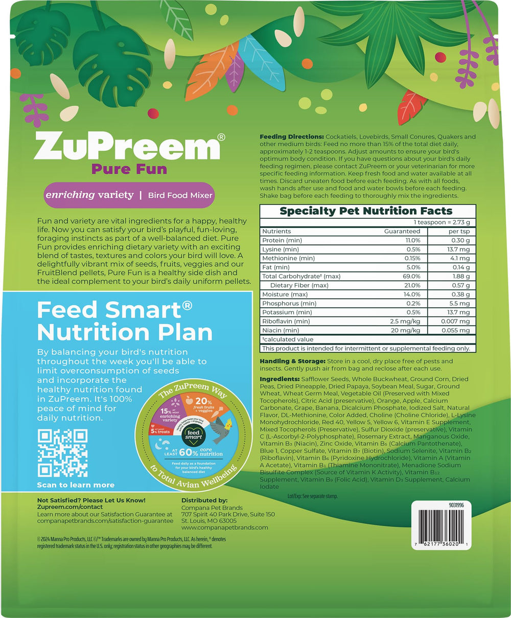 Mise en scène cage avec ZuPreem Pure Fun favorisant environnement enrichi