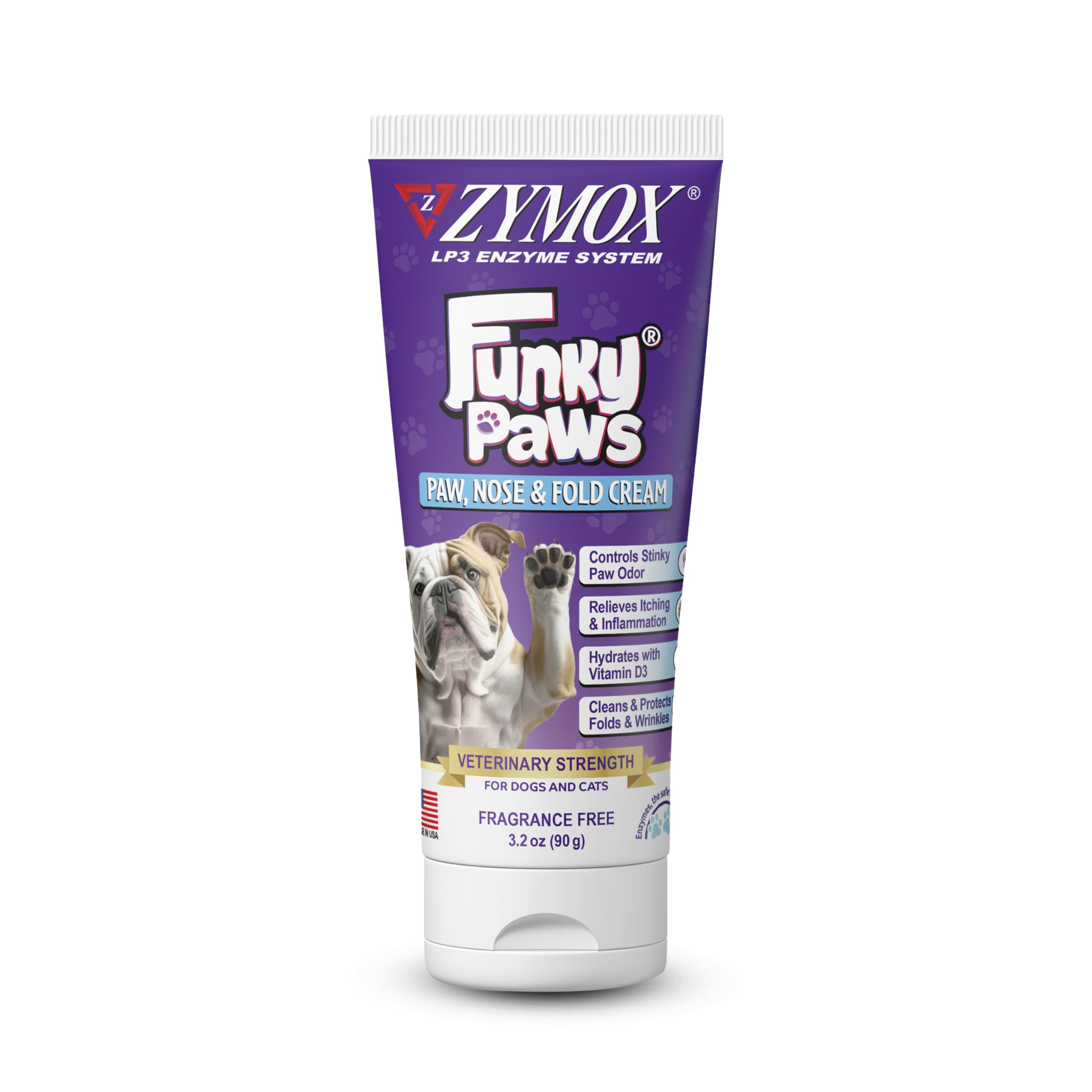 Zymox Funky Paws emballage avant montrant le produit et bénéfice apaisant